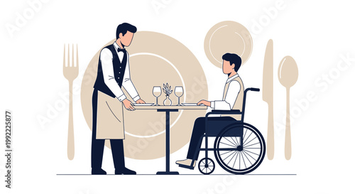Waiter serving disabled man in wheelchair at restaurant table, accessible dining