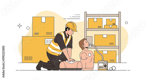 Warehouse worker performs CPR on dummy during safety training with boxes and shelves