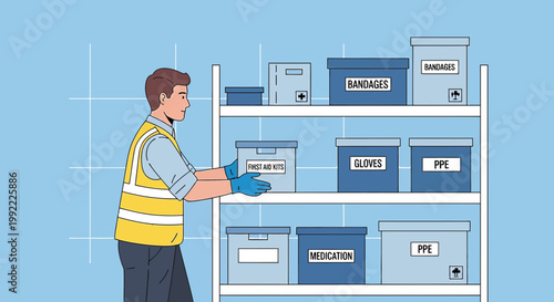 Warehouse worker organizing medical supplies on shelves, including PPE, medication, and bandages.