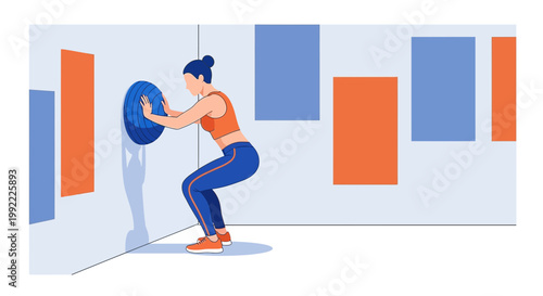 Woman doing wall ball squat exercise with medicine ball in gym