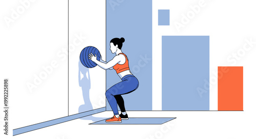 Woman Doing Wall Ball Squat Exercise with Medicine Ball