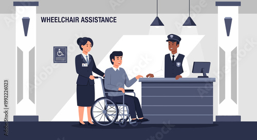 Wheelchair Assistance at Reception: Security Guard and Staff Help Person in Wheelchair
