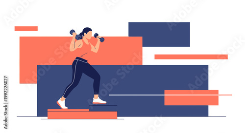 Woman Exercising with Dumbbells on Geometric Background