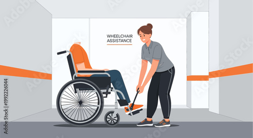 Wheelchair Assistance: Caregiver Helps Person in Wheelchair with Footrest Adjustment