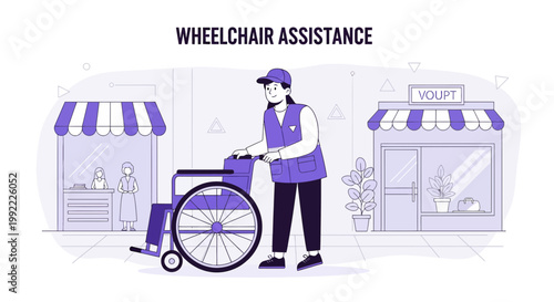 Wheelchair Assistance: Caregiver Helps Person in Wheelchair Outside Shops