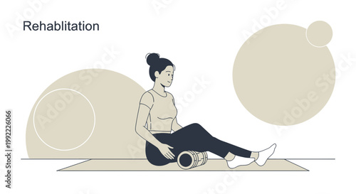 Woman foam rolling leg for rehabilitation exercise, muscle recovery, fitness