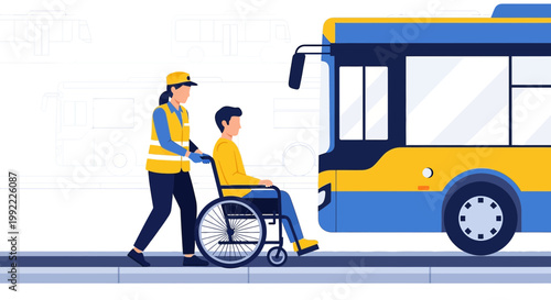 Wheelchair Assistance: Helper aids disabled person boarding accessible bus for transport