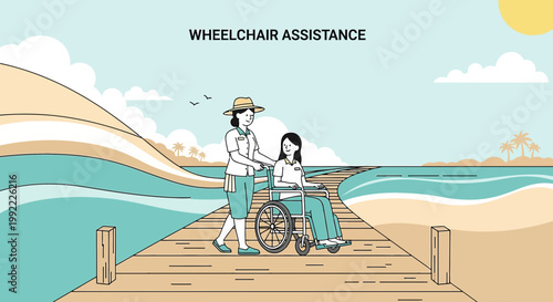 Wheelchair Assistance: Person Pushing Patient on Wooden Pier by the Ocean