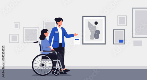 Woman in wheelchair receives art tour from guide in museum, accessibility concept