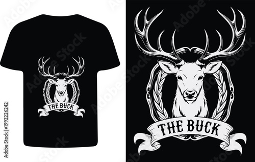 Black t shirt mockup featuring a detailed white buck illustration design