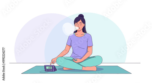 Woman Meditating with Alarm Clock on Yoga Mat, Peaceful Mindful Moment