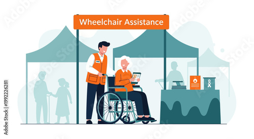 Wheelchair Assistance Service at an Outdoor Event with Volunteer Helping Elderly Person