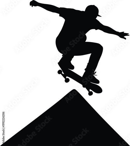 Action Skateboarder Silhouette Performing High Jump Stunt Over Ramp