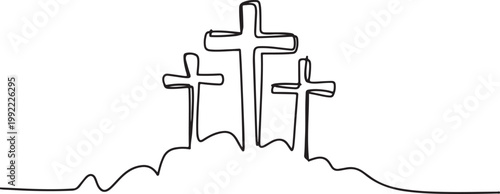 Three Christian crosses on a hill, symbolizing Golgotha, Easter, faith, and religion.one line drawing vector illustration