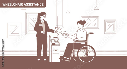 Wheelchair Assistance: Staff Helps Visitor with Mobility Aid in Museum or Gallery