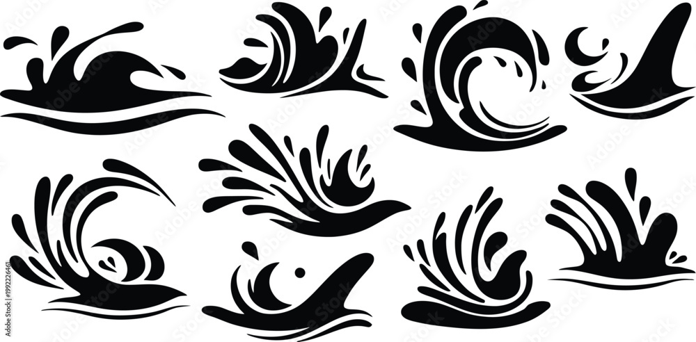 Fototapeta premium Modern Water Splash Icon Set Vector Collection for Clean Liquid Design, Droplet Symbols and Aqua Branding