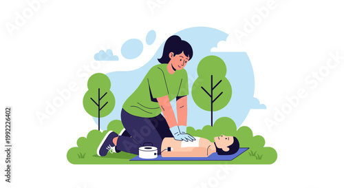Woman performing CPR on a person outdoors, emergency medical training concept