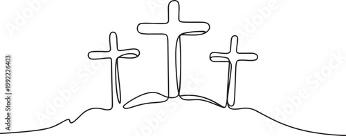 Three Christian crosses on a hill, symbolizing Golgotha, Easter, faith, and religion.one line drawing vector illustration