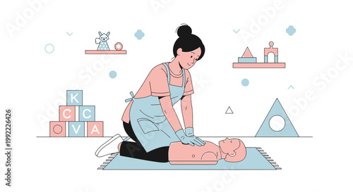 Woman performing CPR on baby doll, child safety, first aid training, medical emergency