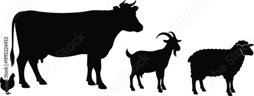 Collection of farm animals silhouettes including cow goat sheep and chicken