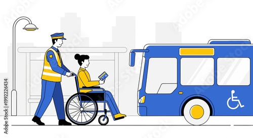 Wheelchair User Assisted onto Accessible Bus by Driver at Station