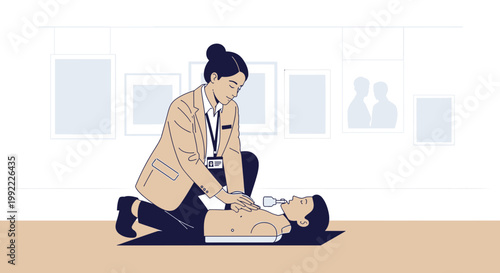 Woman performing CPR on a person lying on the floor, medical emergency training