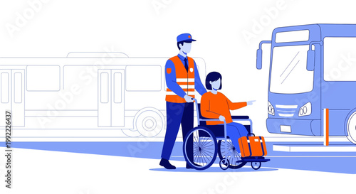 Wheelchair User Assisted by Staff Boarding Bus with Accessibility Ramp