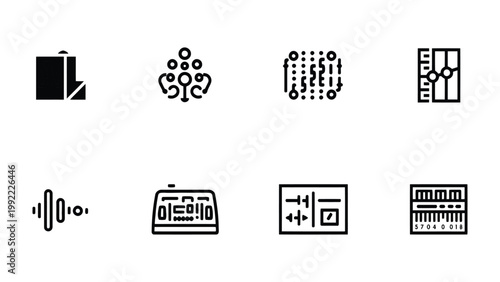 Abstract Digital Icons: An array of minimalist digital icons representing complex data, systems, and technological concepts, crafted with clean lines and a modern aesthetic. 