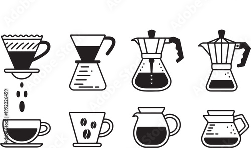Barista coffee brewing tools collection with moka pot drip filter carafe and cup icons for cafe specialty beverage  Vector Illustration design.