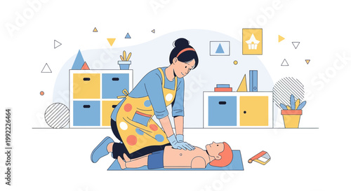 Woman Performing CPR on Child in Brightly Decorated Room