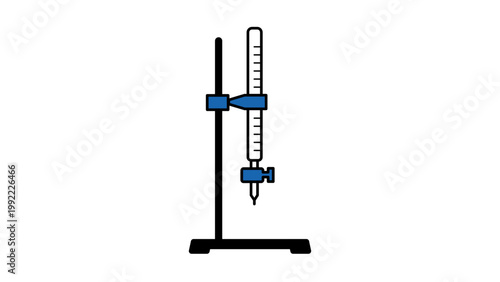 Burette on a Retort Stand Modern Flat Vector Icon Illustration Isolated on White Background. Professional Chemistry Laboratory Glassware Equipment with Editable Stroke for Custom Line Weight.