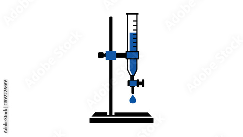 Modern flat vector icon of a laboratory burette with blue liquid and a drop, clamped to a retort stand on a white background. Perfect for chemistry and science. Editable Stroke Vector Illustration.