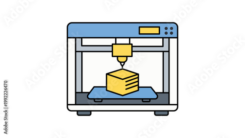 3D Printer Vector Icon Illustration with Editable Stroke. Modern flat design of a Cartesian 3D printer machine printing a yellow cube on a blue platform, isolated on white background for design.
