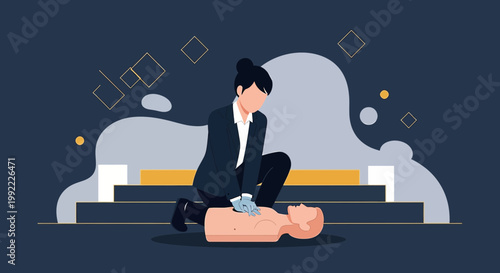 Woman performing CPR on dummy, medical emergency, first aid training, healthcare concept