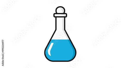 Volumetric flask vector icon with blue liquid and stopper. Modern flat illustration for science, chemistry, and laboratory research. Features editable stroke for easy customization and scaling.