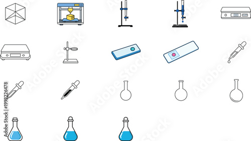 Science Laboratory and Technology Vector Icon Set with Editable Stroke. Features 3D Printer, Digital Scale, Pipette, Flasks, Burette, and Microscope Slides. Minimalist Line Art Bundle for Design.