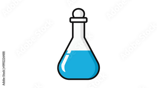 Volumetric Flask Vector Icon with Blue Liquid and Stopper. Modern Flat Illustration for Science, Chemistry, and Laboratory Research. Scalable SVG with Editable Stroke for Custom Line Weight.