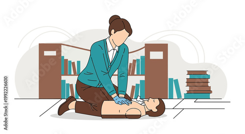Woman performing CPR on person lying down, library background, emergency medical training