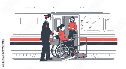 Wheelchair User Boarding Train with Assistance Ramp and Staff