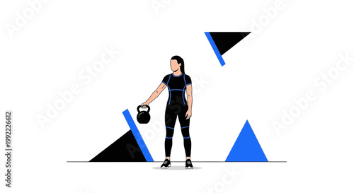 Woman performing kettlebell exercise with abstract geometric shapes in background