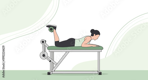 Woman performing leg curl exercise on a machine for hamstring strength and rehabilitation