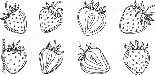 Vector strawberry line art illustrations set, hand drawn botanical outline drawing. Summer fruit.one line drawing vector illustration