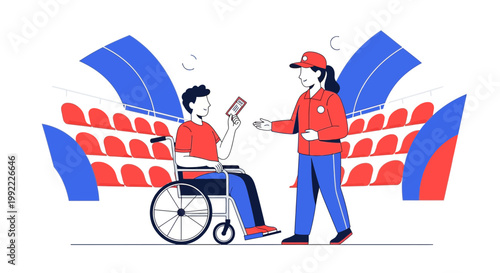 Wheelchair user receives assistance from stadium staff, accessibility at sports event