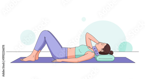 Woman Performing Neck Stretches on Yoga Mat with Pillow for Support