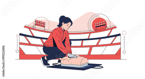 Woman practicing CPR on dummy, medical training, emergency response, healthcare education