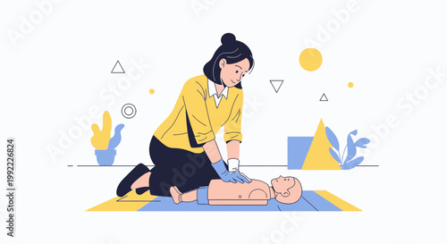 Woman practicing CPR on a dummy, medical training illustration