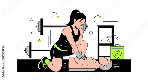 Woman Practicing CPR on Mannequin in Gym Setting with Weights