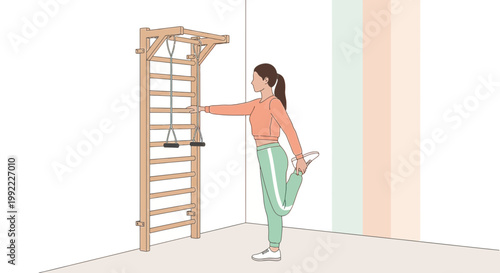 Woman stretching quadriceps on a wall bar in a gym