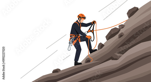 Rock Climber Ascending Steep Slope with Safety Gear and Rope