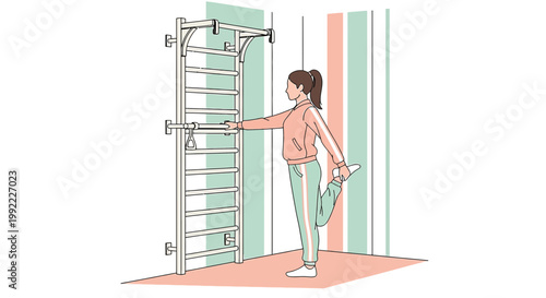 Woman stretching quadriceps on a wall bar in a gym, fitness and rehabilitation concept